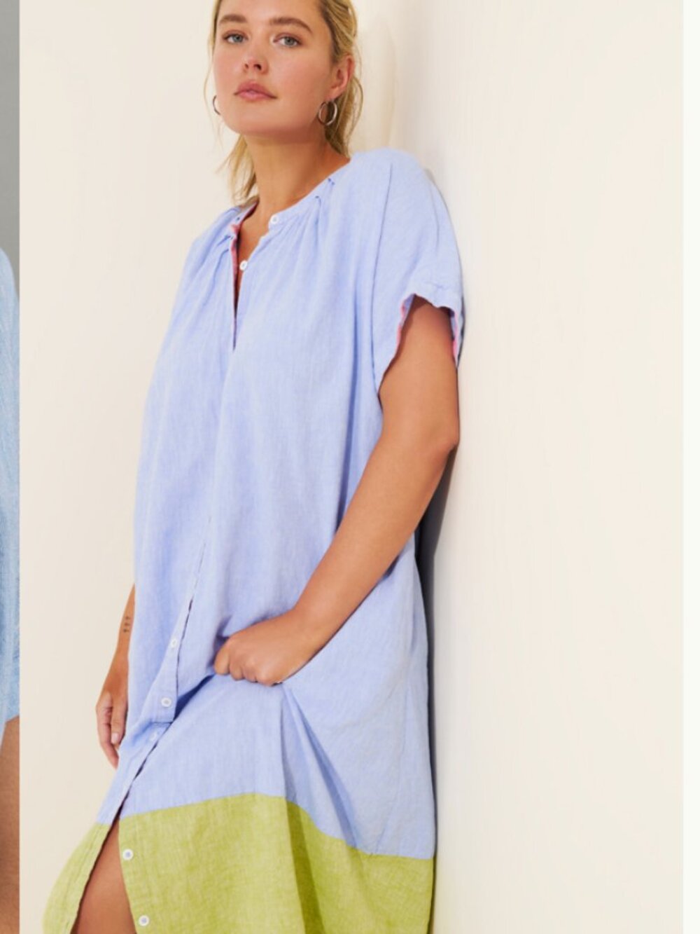 Anthropologie Linen Short Sleeve Maxi Dress Women's Large Blue Green Colorblock - Picture 3 of 16